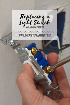 a person holding a pair of pliers in their hand with the words replacing a light switch and easy diy project