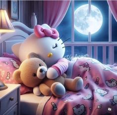 hello kitty and her teddy bear cuddled up in bed under the full moon at night