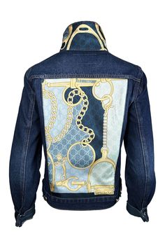 One Of A Kind Designer Scarf Jean Jacket | Dark Denim/Gucci - Stirrup Large Blue Saddle Scarf Gucci, Designer Scarf, Designer Scarves, Stirrups, Papua New Guinea, Dark Denim, Tanzania, Top Designers, Caribbean Netherlands