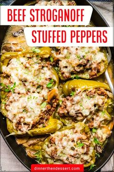 beef stroganoni stuffed peppers in a skillet with text overlay that reads beef stroganoni stuffed peppers