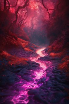 a stream running through a forest filled with purple and red leaves, surrounded by trees