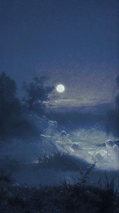 an image of a painting with the moon in the sky above it and water below