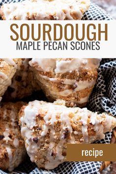 a close up of some food on a plate with the title text above it that reads sourdough maple pecan scones recipe