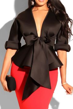 Asymmetric Plain V-Neck Mid-Length Peplum Women's Blouse Elle Saab, Ruffles Blouse, Women's Sash, Women Ruffle Blouse, African Blouses, Church Attire, Peplum Tops, Chiffon Dresses, Elegant Ladies