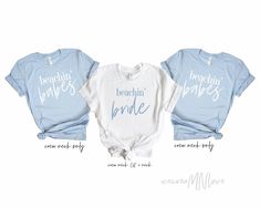 three shirts that say bride and groom on the front, one is blue with white lettering