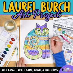 an adult coloring book with the title, laurel burch art project roll a masterpiece game, rubic, and directions