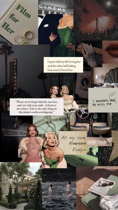 a collage of photos with words and pictures on them, including an image of a woman in a green dress