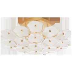 a flush light fixture with white glass petals on the bottom and gold trimmings