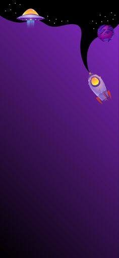 an image of a space ship flying in the sky with other objects around it on purple background