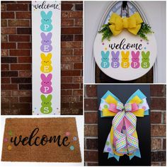 four different door hangers with welcome signs and bunting bows on the front doors