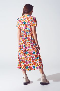 Length: Midi length. Subcategory: Dress. Neck: V-neck neckline. Sleeves: Angel sleeves. Print: Floral print. Fit: Standard fit. Style: Romantic. Detail: Button detail. Fabric: Satin . Waist: Elasticated back. runs true to size. S. 100% Polyester Stylish Midi Dress, Romantic Floral Print, Angel Sleeves, Angel Sleeve, Romantic Design, Romantic Style, Waist Dress, Polished Look, Belted Dress