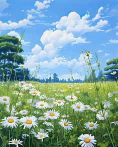 a painting of daisies and trees in a field