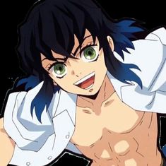 an anime character with green eyes and long black hair is smiling at the camera while wearing a white shirt