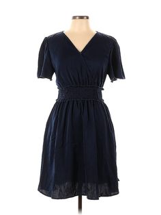 Unbranded Casual Dress Size: Large Blue Dresses - used. 100% Polyester, Wrap, V-Neck, Solid, Short, Short Sleeve | Casual Dress - Wrap: Blue Solid Dresses - Used - Size Large Navy V-neck Midi Dress For Spring, Navy V-neck Midi Dress For Summer, Navy V-neck Mini Dress For Spring, Navy V-neck Spring Dress, Navy V-neck Dress For Spring, Navy V-neck Dress For Brunch, Blue Casual Dress, Dress Wrap, Blue Dress Casual