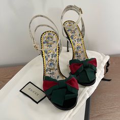 Brand New, Come With Box. Elegant Red Gucci Sandals, Chic Red Gucci Sandals, Gucci Luxury Heels With Red Sole, Luxury Gucci Heels With Red Sole, Gucci Pointed Toe Heels With Red Sole, Pearl Loafers, Gucci Pumps, Gucci Heels, Black Kitten Heels