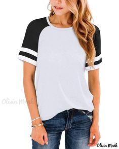 OliviaMark - Chic Round-Neck Color-Block Relaxed Fit Short-Sleeve T-Shirt Block Color, Color Block Tee, Loose Fit Shirts, Tunic Tops Casual, Casual Tunics, Short Sleeve Shirt Women, Sport Chic, Plus Size Kleidung, Striped Sleeve