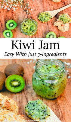 kiwi jam in a glass jar on top of a wooden table