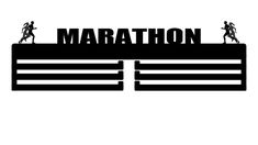 the marathon sign is black and white, with two people running on top of it