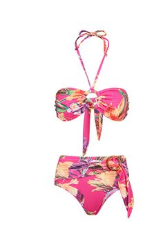 Bandeau silhouette Floral print Ring in the center Optional halter neck strap Tie at back Pull-on style Removable padding Tie at waist High waist Tortoise shell ring detail Moderate coverage Swimwear Two Piece, Strapless Swimsuit, Strapless Bandeau, Spaghetti Strap Mini Dress, Shell Ring, Print Swimwear, Bralette Tops, Wedding Dress Shopping, Plus Size Swimwear