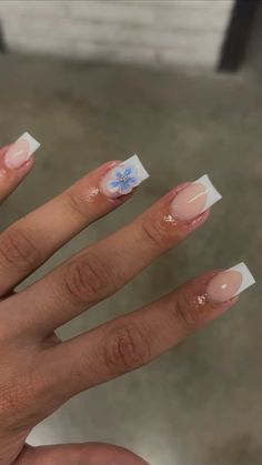 Gel x set with 3d flower on top Simple Nails With 3d Flowers, Light Blue 3d Flower Nails, Simple Blue Flower Nails, French With 3d Flower Nails, 3d Flower Nails Blue, Baby Blue Flower Nails, White French Tip With Flower Design, Short Nails With 3d Flowers, Cornwall Nails