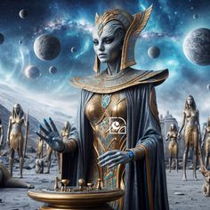 an egyptian woman holding a bowl in front of many other women and planets behind her