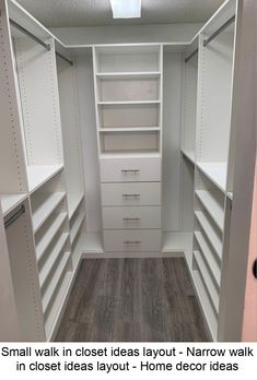 an empty walk in closet with white shelves and drawers