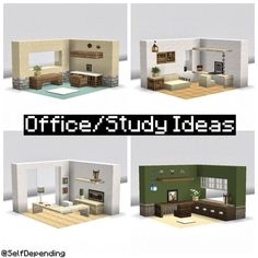 four different views of a living room and kitchen in the same style, with text that reads office study ideas