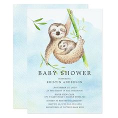 a baby shower card with a slotty hanging on a bamboo branch