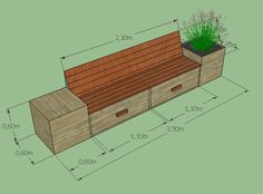 a drawing of a bench with plants growing out of the top and bottom drawers on each side