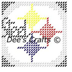 a cross stitch pattern with the words bee's crafts on it in red, yellow and blue