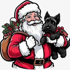 a cartoon santa holding a small black dog