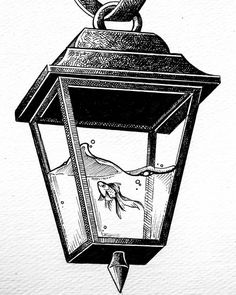 a black and white drawing of a lantern with a bird on it's top