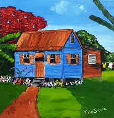 a painting of a blue house on a green field