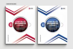 two business brochures with red, white and blue stripes