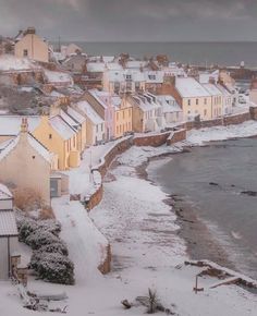 snow covered buildings line the shore of a body of water