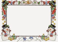 a christmas frame with two snowmen and presents on the bottom, surrounded by holly wreaths