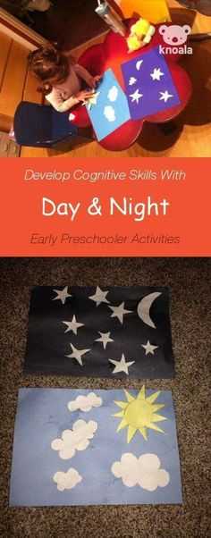 two children's crafts made out of cardboard and paper with the words, day and night