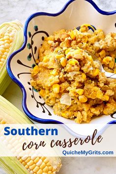 A white dish with southern corn casserole next to corn cobs. Southern Corn Casserole, Casserole With Stuffing, Southern Corn, Jiffy Recipes, Sweet Corn Casserole, Southern Side Dishes, Cornbread Stuffing, Stuffing Casserole, Stuffed Jalapenos With Bacon