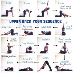 a woman doing yoga poses with the words upper back yoga sequence