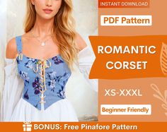 a woman wearing a blue and white corset with the text romantic corset xs - xxl beginner friendly