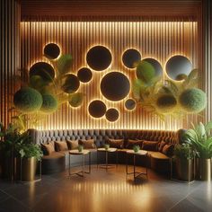 a living room filled with lots of furniture next to a wall covered in circular mirrors