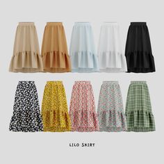 various skirts with different patterns and colors