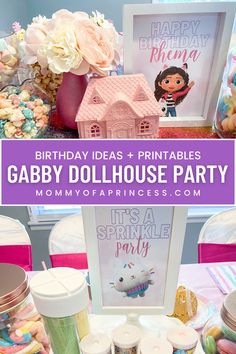 a birthday party with pink and purple decorations, cupcakes, candy bars and other items