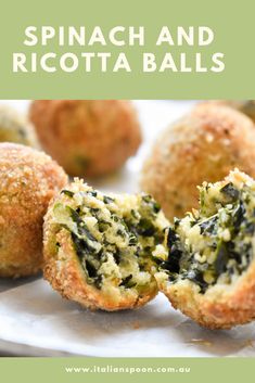 spinach and ricotta balls on a plate with the words spinach and ricotta balls