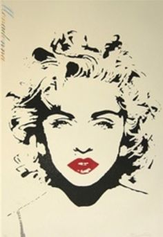 a black and white drawing of a woman's face with red lipstick on it