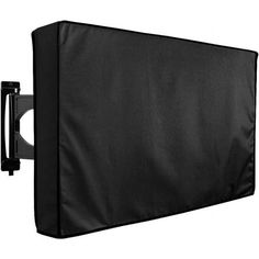 the back side of a black wall mounted tv screen with an arm and two arms