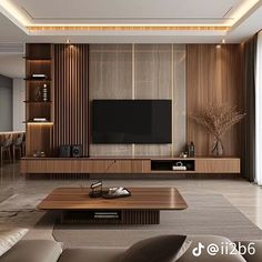 modern living room with wood paneling and white walls