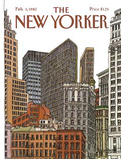 an advertisement for the new yorker, which is located in front of tall buildings