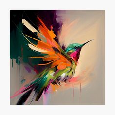 an abstract painting of a colorful bird flying in the air with its wings spread out