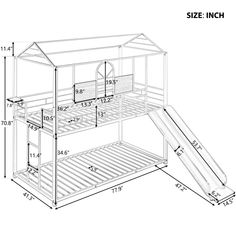 a drawing of a bunk bed with stairs to the top and bottom level, showing measurements for